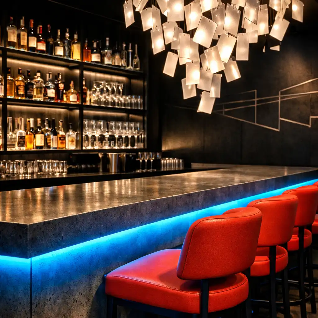 Close-up of the polished concrete bar with glowing electric blue edge, backlit shelves, and tomato red stools