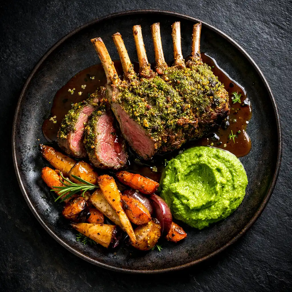 Top-down view of Blackjack Lamb Rack with herb crust, roasted root vegetables, and minted pea purée