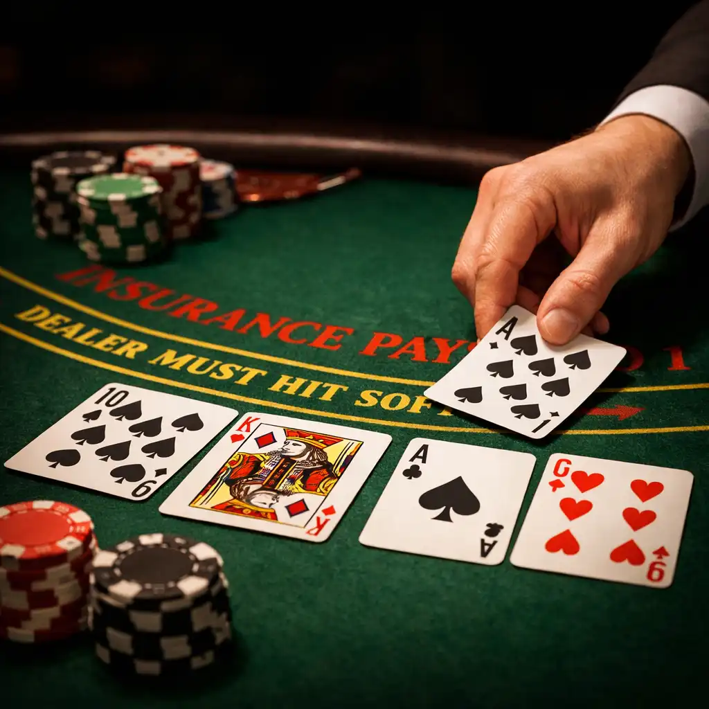Close-up of a blackjack table with playing cards and chips