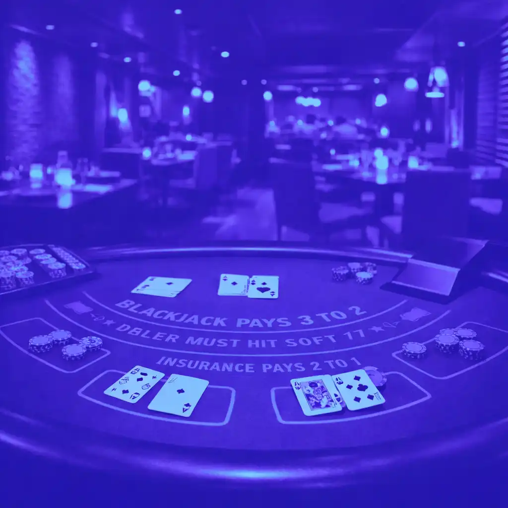 Wide-angle view of a semi-circular blackjack table with cards and chips in a stylish restaurant