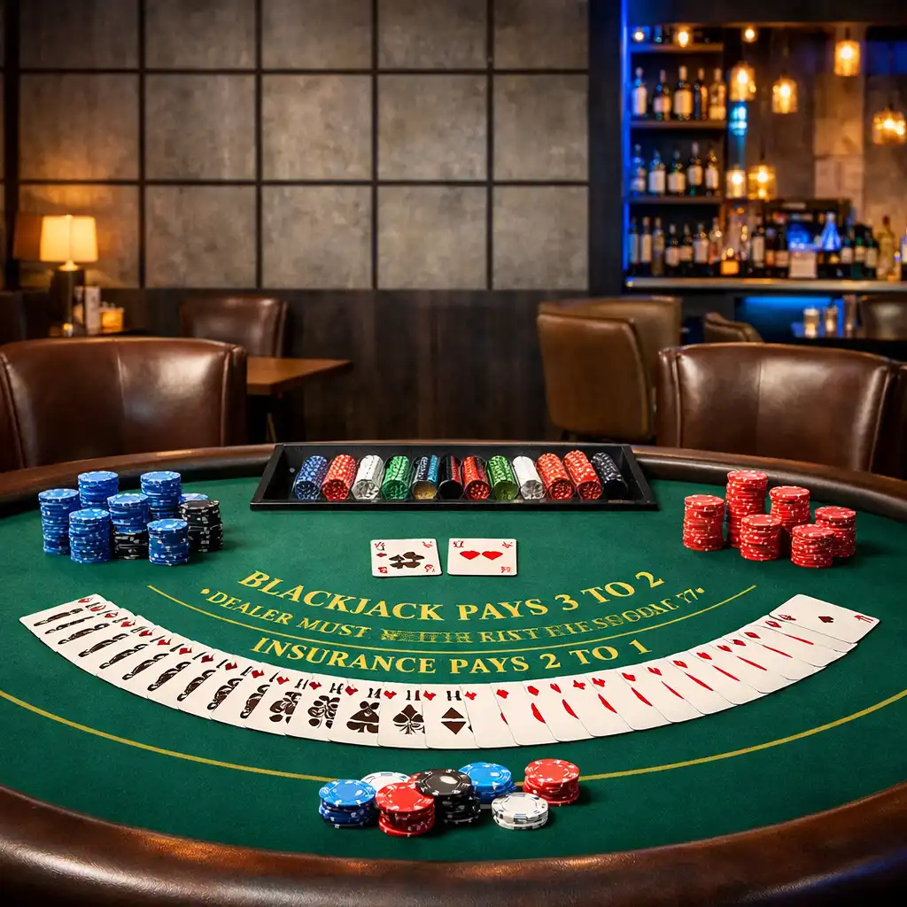 Photograph of a blackjack table in a restaurant lounge with green felt, fanned cards, and chips in electric blue and tomato red