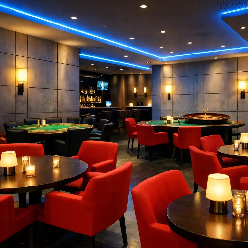 Wide-angle view of the ADSIGHT LTD dining area transformed into a casino lounge with concrete walls, electric-blue lighting strips, and tomato-red chairs