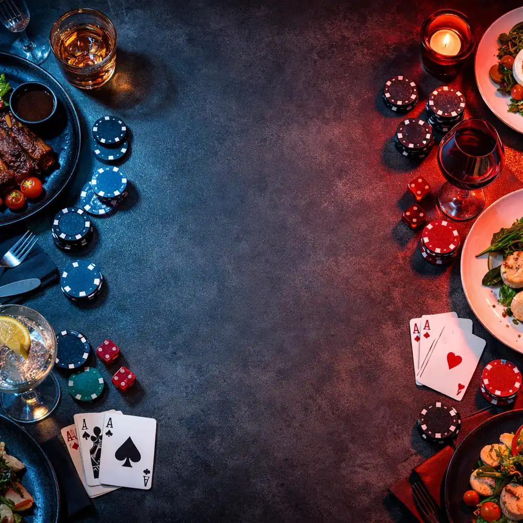 Top-down view of a restaurant table set with gourmet dishes, poker chips, and playing cards under electric-blue and tomato-red lighting