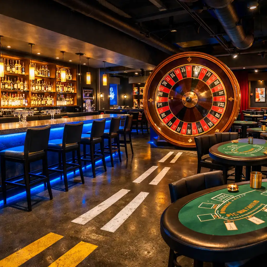Interior of the ADSIGHT LTD lounge with a long bar, high-top tables with blackjack layouts, and a large roulette wheel as a centerpiece under electric-blue accent lighting