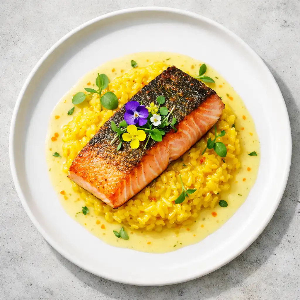 Top-down view of Casino Royale Salmon with pan-seared salmon, saffron risotto, and citrus beurre blanc