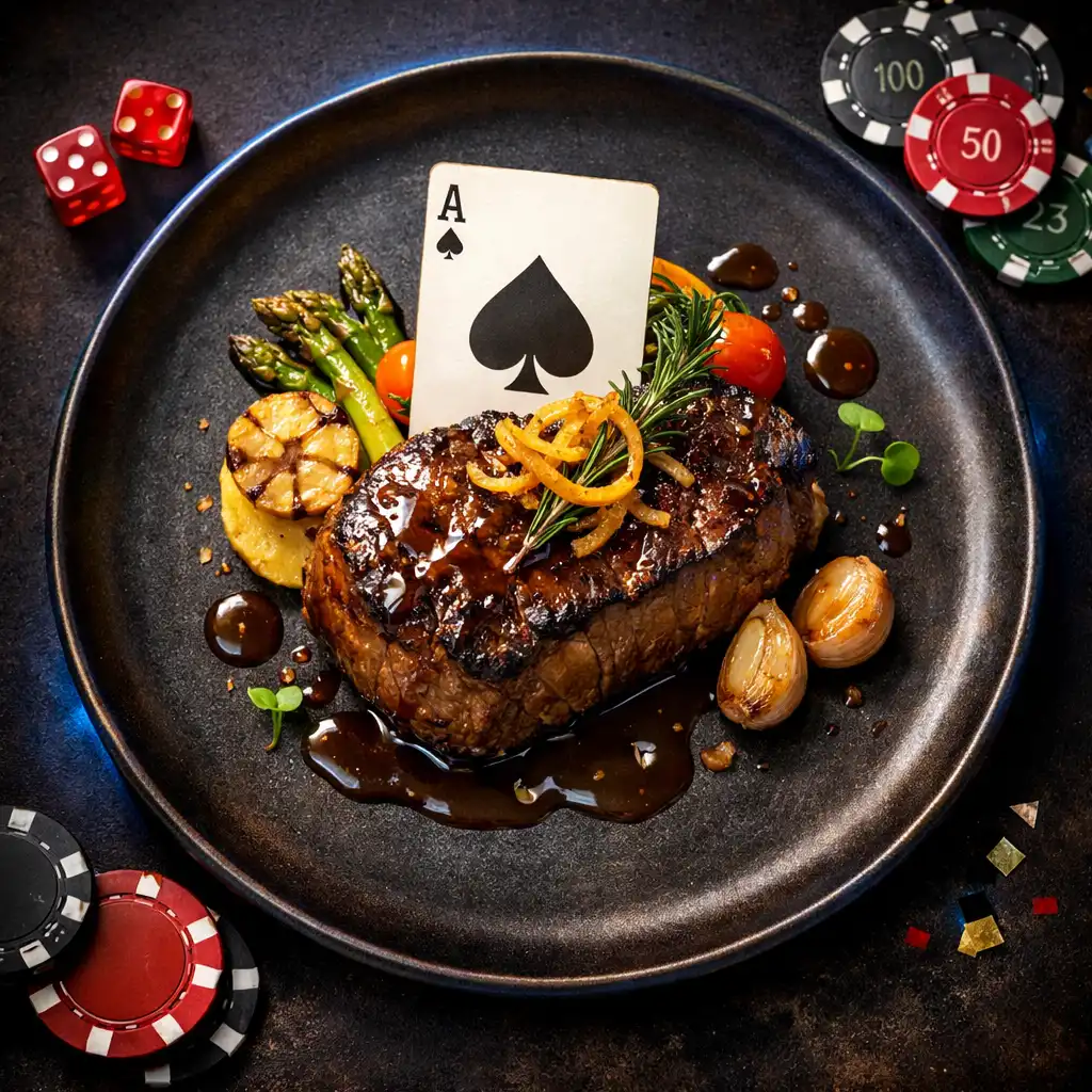 Gourmet casino-themed dish with elegant presentation and subtle dice and chips