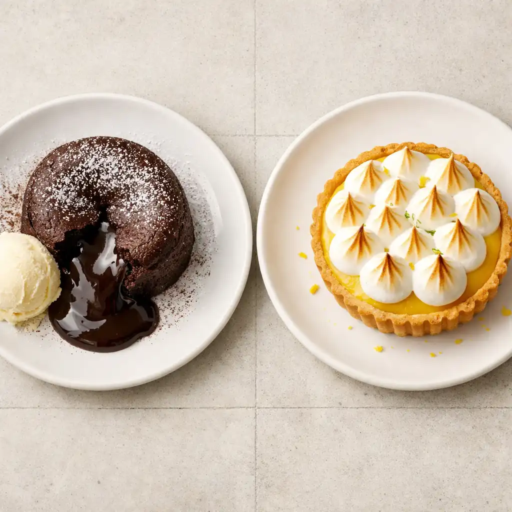 Top-down photograph of two desserts: a dark chocolate fondant and a lemon tart on white plates
