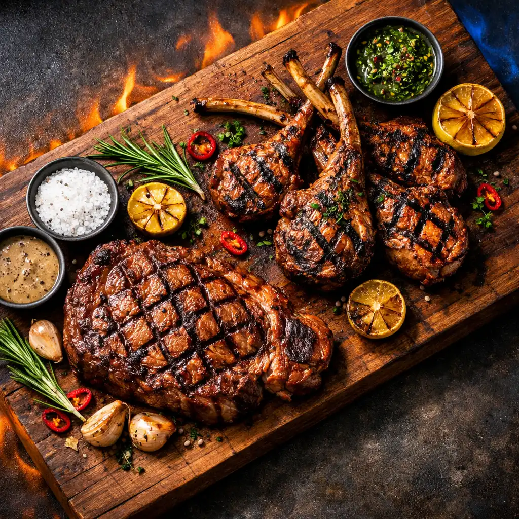 Top-down photograph of two grill dishes: a wagyu ribeye steak and charred lamb cutlets on a wooden board
