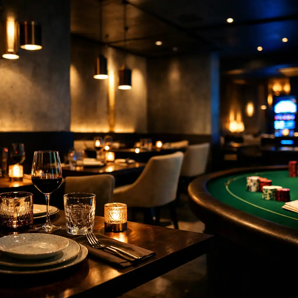 Moody restaurant interior with a dining table in the foreground and casino table elements in the background