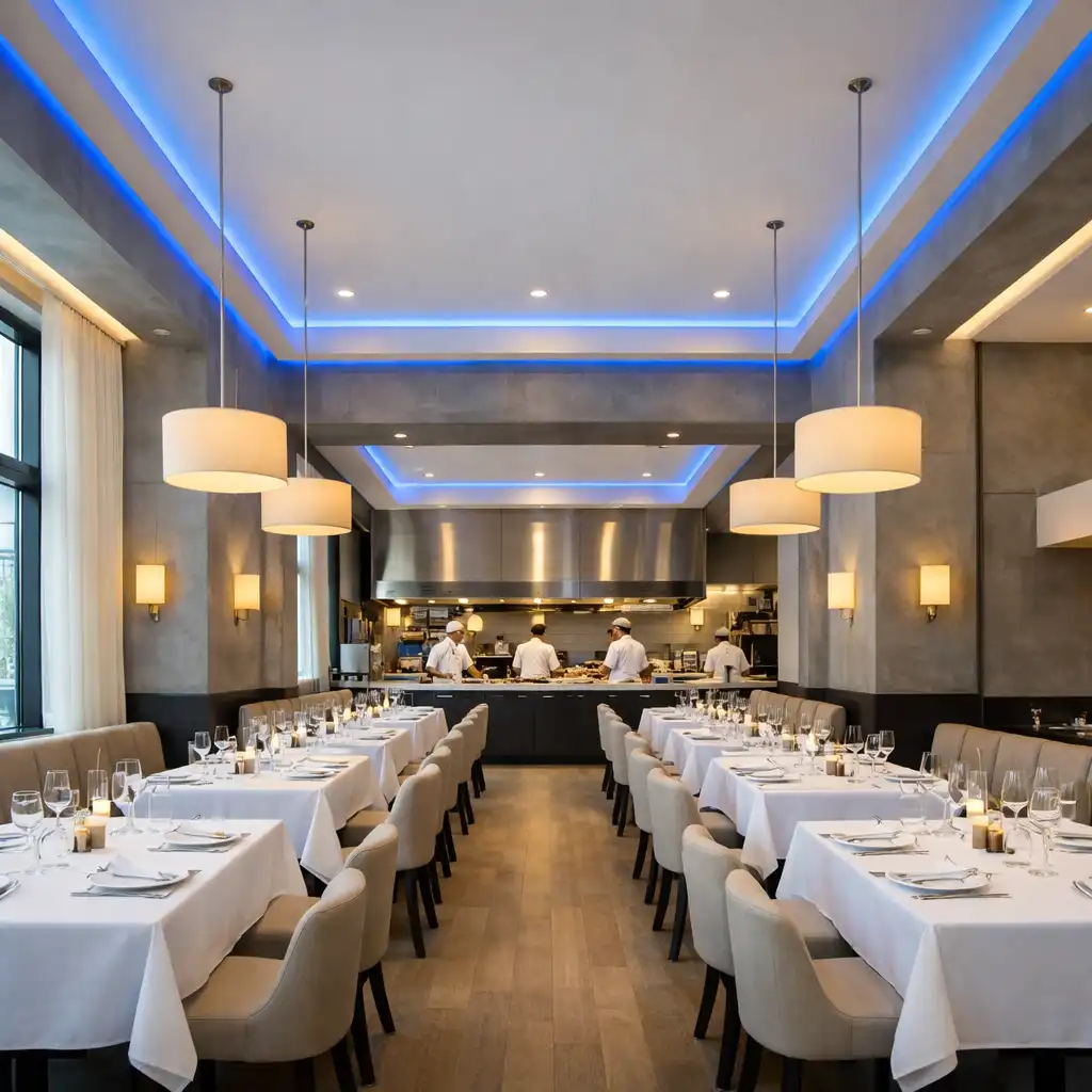 Wide-angle view of the main dining room with high ceilings and open kitchen