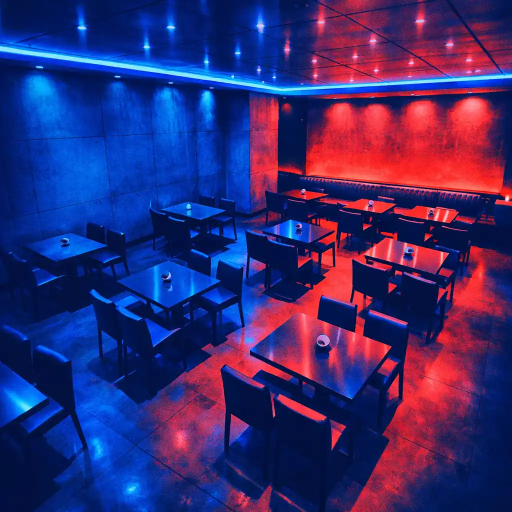 Wide-angle view of ADSIGHT LTD's main dining room at night, showing polished concrete, grid lighting, and electric blue accents