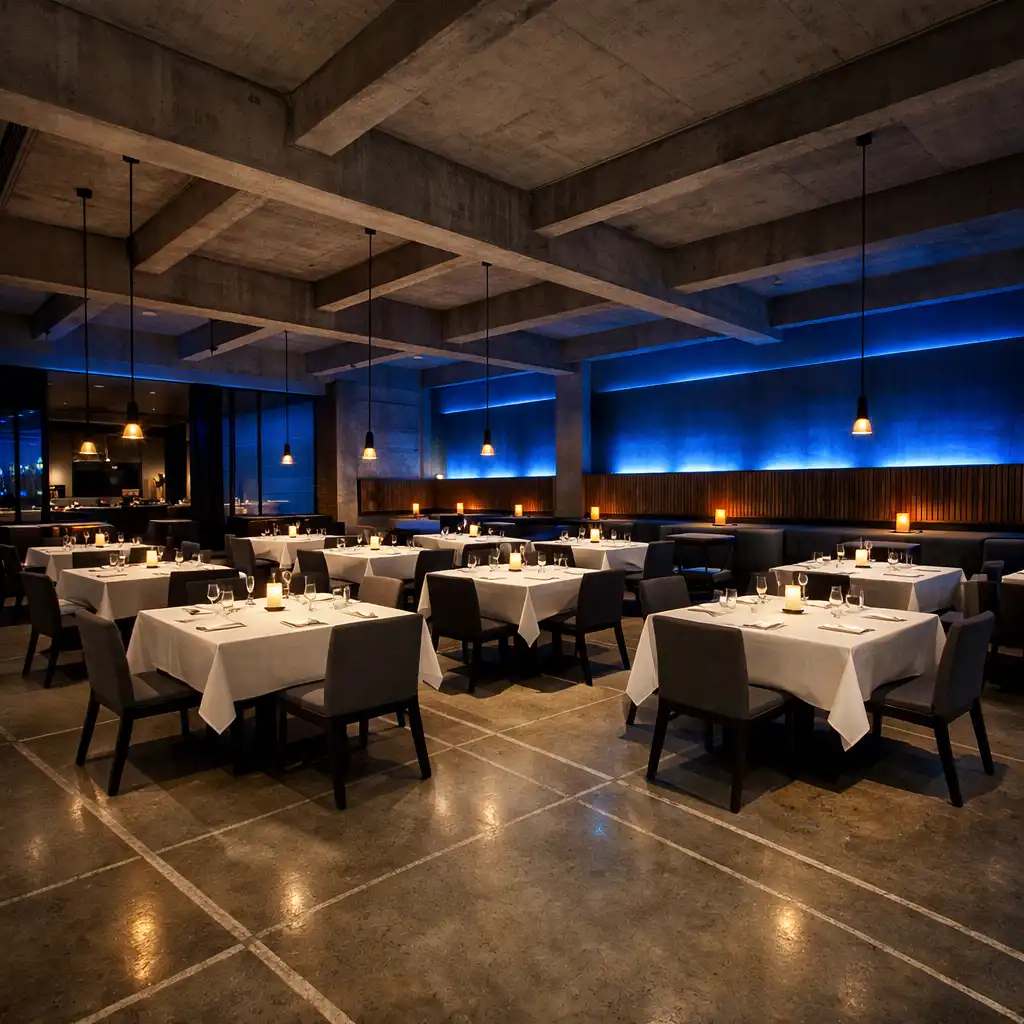Evening view of the main dining room with grid table arrangement, booth seating, and warm spotlights over electric blue ambient light