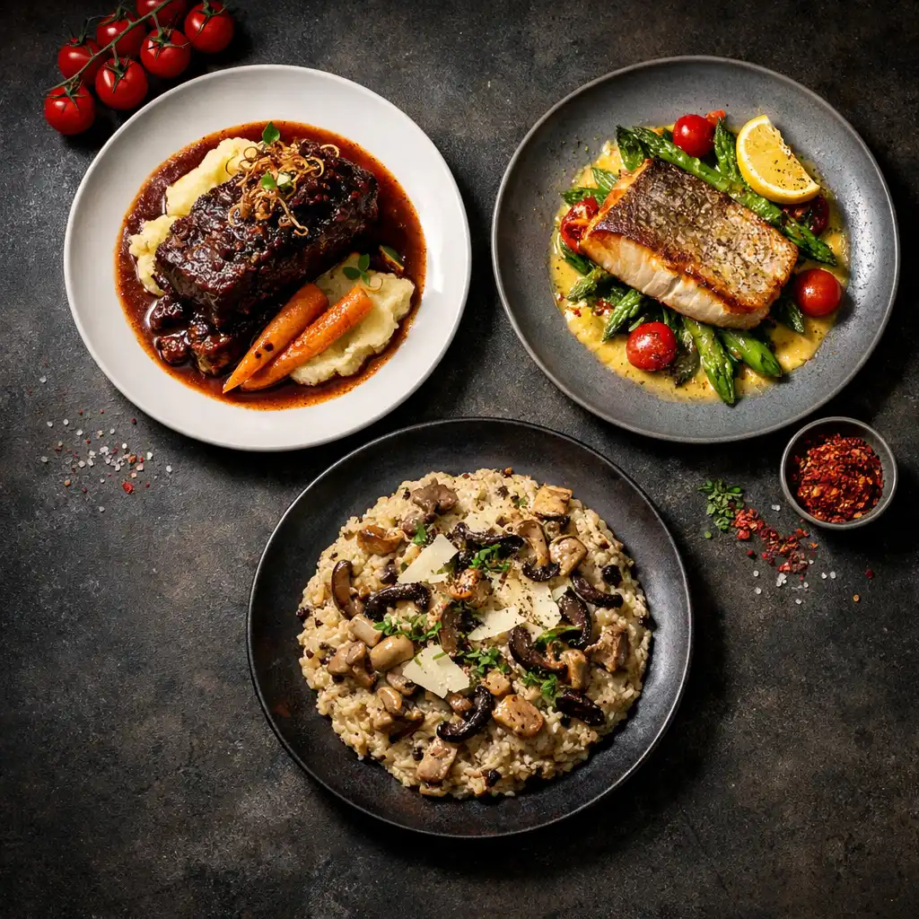 Top-down photograph of three main dishes arranged in a triangular pattern on a dark concrete surface