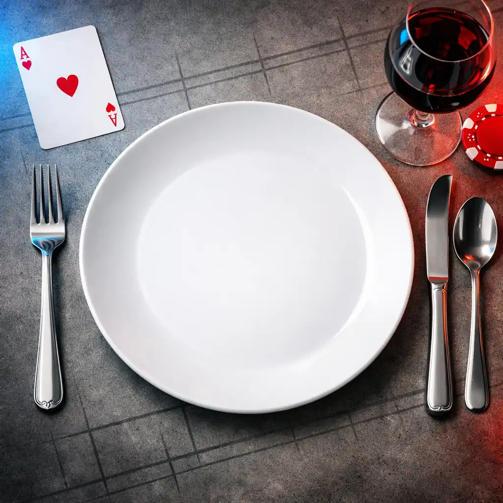 Top-down view of a restaurant table setting with a white plate, silver cutlery, and a glass of red wine, with subtle casino elements in the background