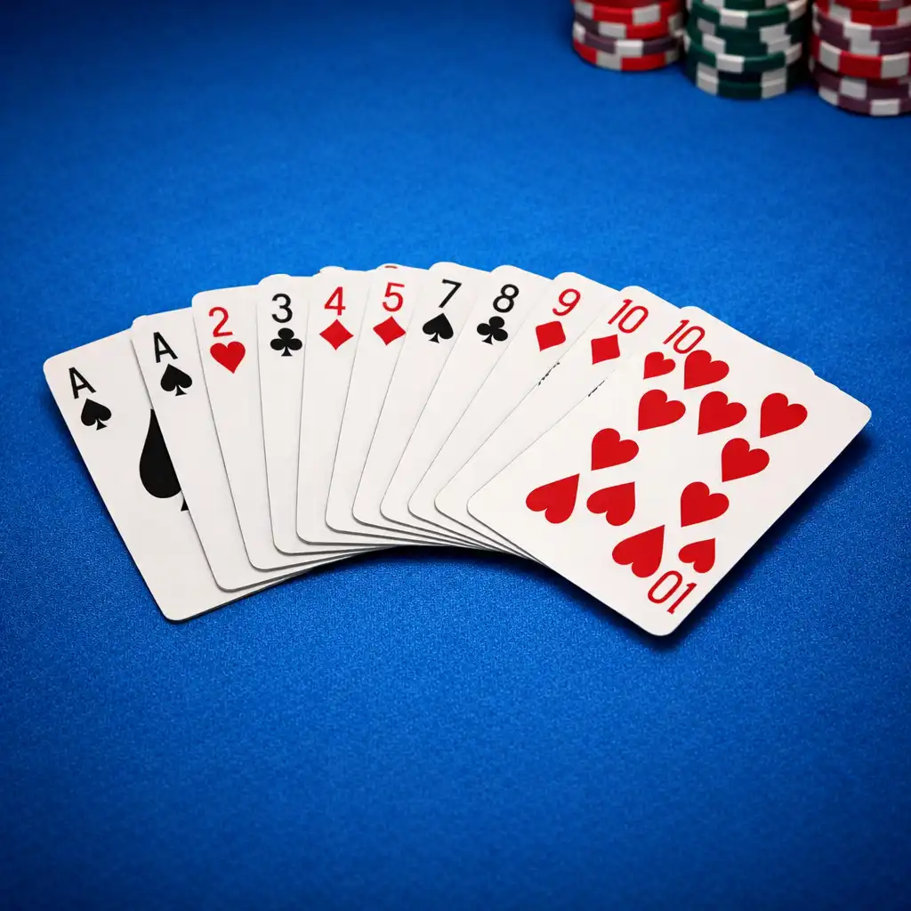 Deck of playing cards fanned out on an electric blue poker table surface