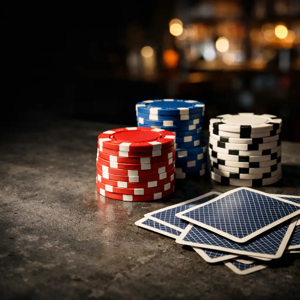 Close-up of poker chips and playing cards on a dark concrete surface