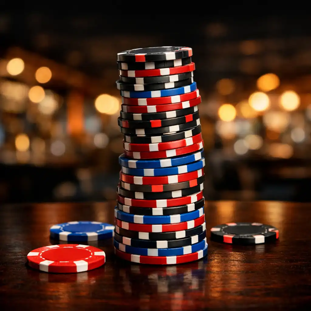 Tall stack of clay composite poker chips with vibrant edge spots on a dark wooden table