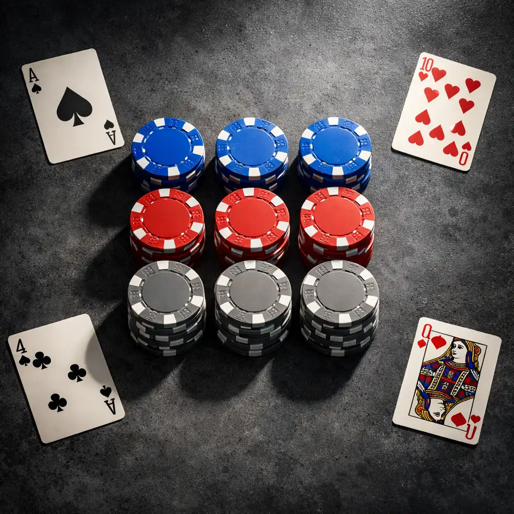 Top-down photograph of a stack of poker chips in electric blue, tomato red, and concrete grey on a dark concrete table
