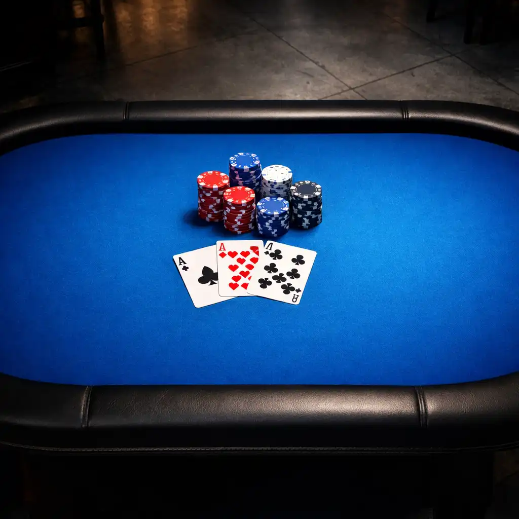 Top-down view of a professional poker table with chips and cards in a dimly lit urban restaurant