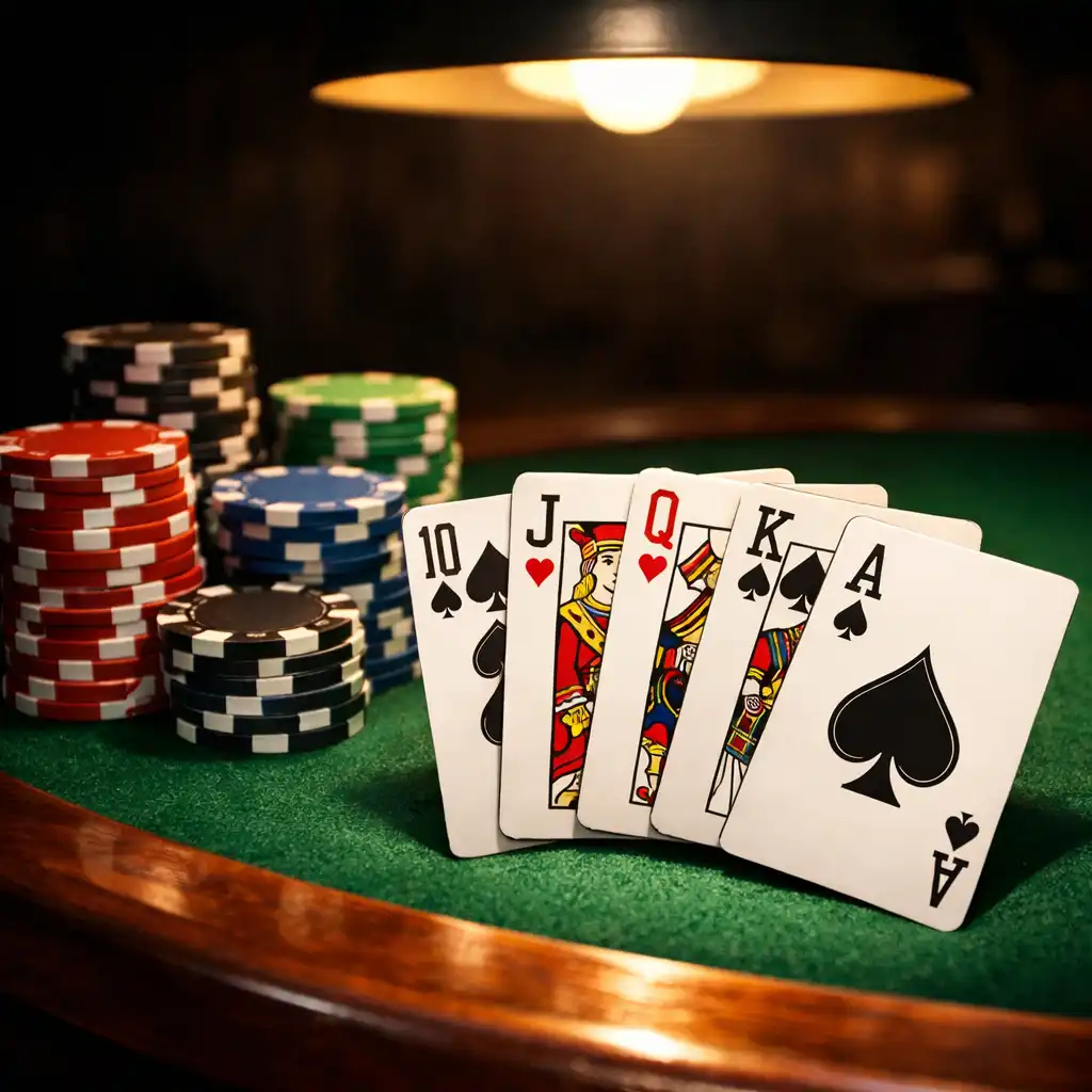 Close-up of a poker table with fanned cards and stacked chips