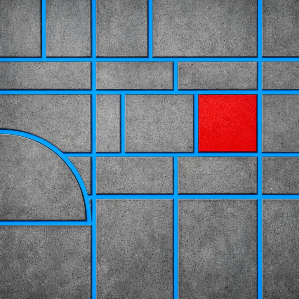 Close-up architectural detail of a restaurant wall featuring a geometric grid pattern in concrete grey with electric-blue lines and a tomato-red accent square