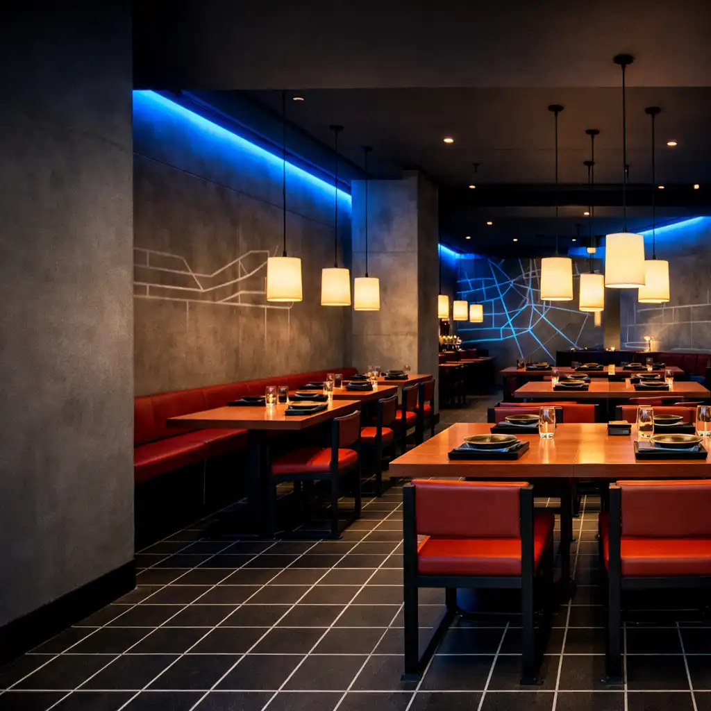 Wide architectural view of ADSIGHT LTD's dining room with concrete grey walls, electric-blue accent lighting, and a grid-patterned floor
