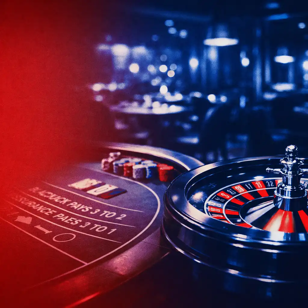Roulette wheel and blackjack table in a moody urban restaurant with electric blue accents