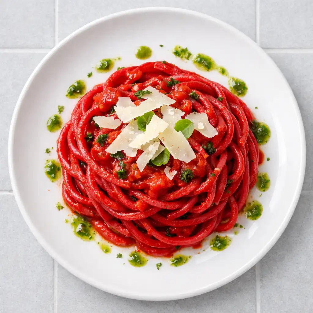 Top-down view of Roulette Red Pasta with handmade beetroot pasta, tomato basil sauce, and shaved pecorino