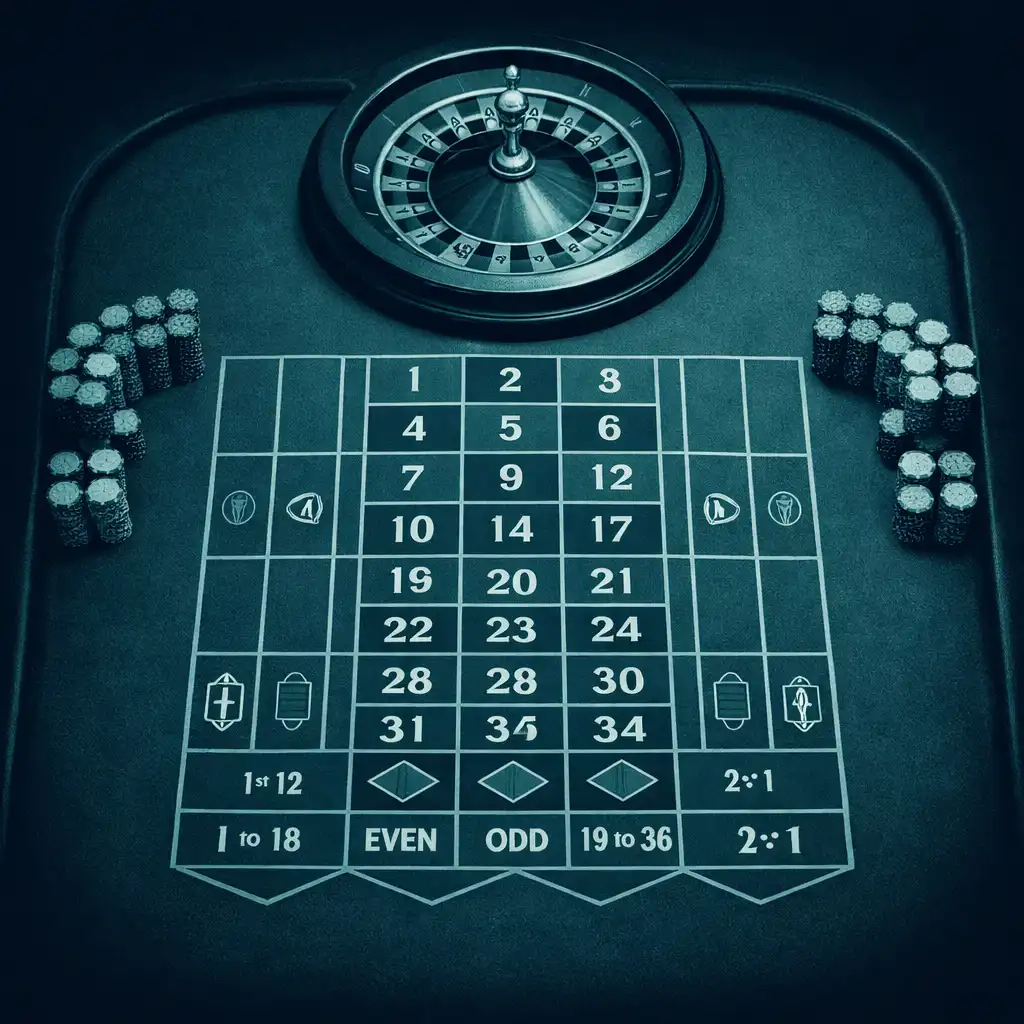 Top-down view of a roulette table layout with betting grid and wheel
