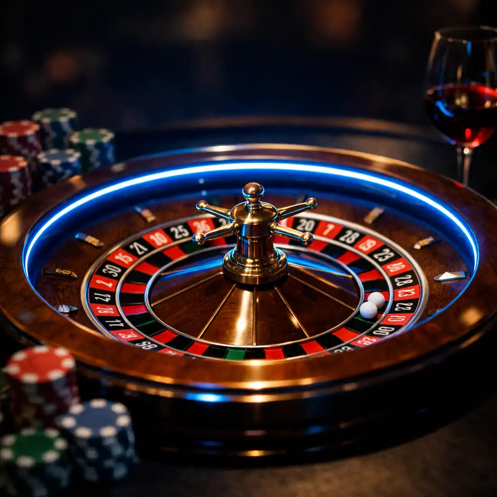 Close-up photograph of a roulette wheel on a dark wooden table with electric blue and tomato red numbers against a concrete grey background