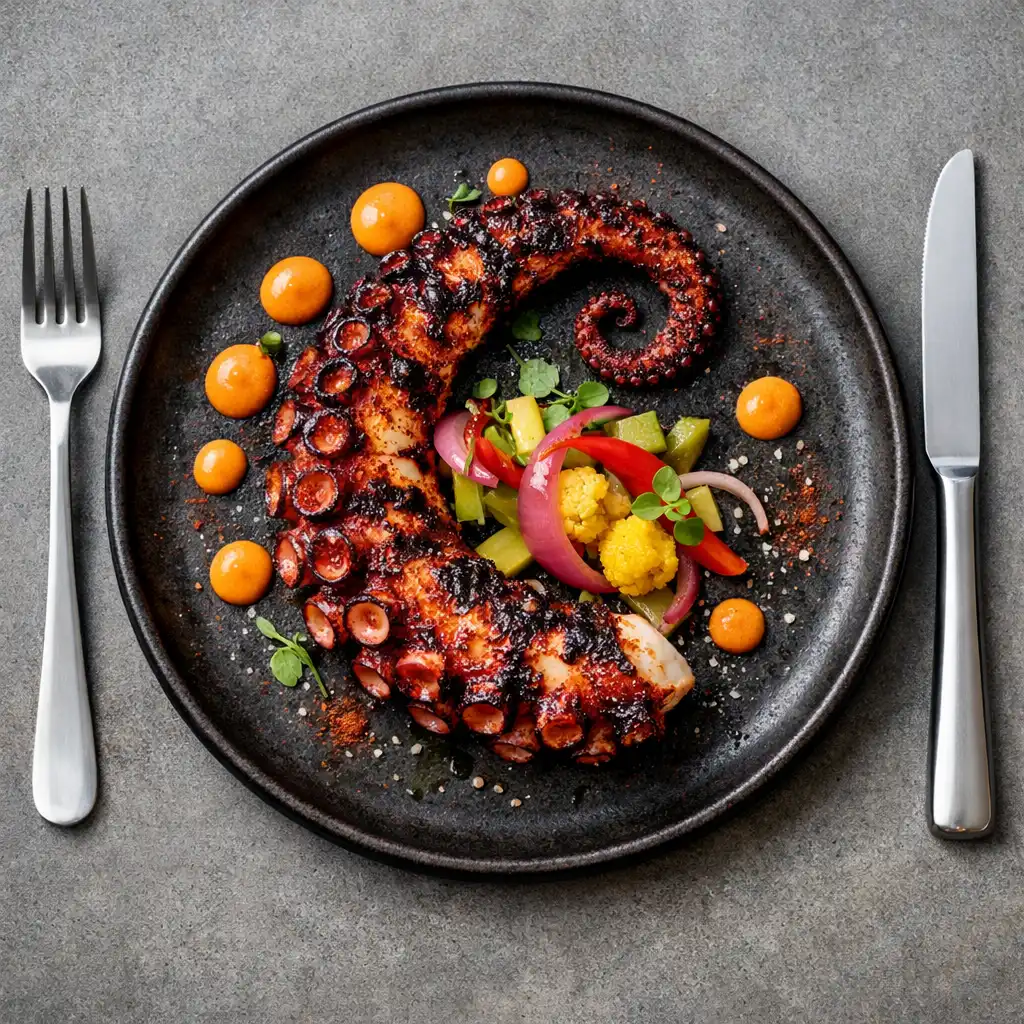 Charred octopus dish with smoked paprika aioli and pickled vegetables