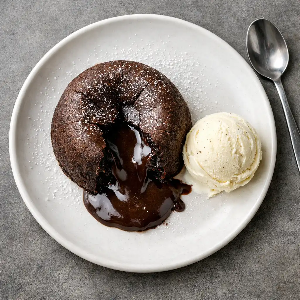 Dark chocolate fondant with molten centre and vanilla bean ice cream