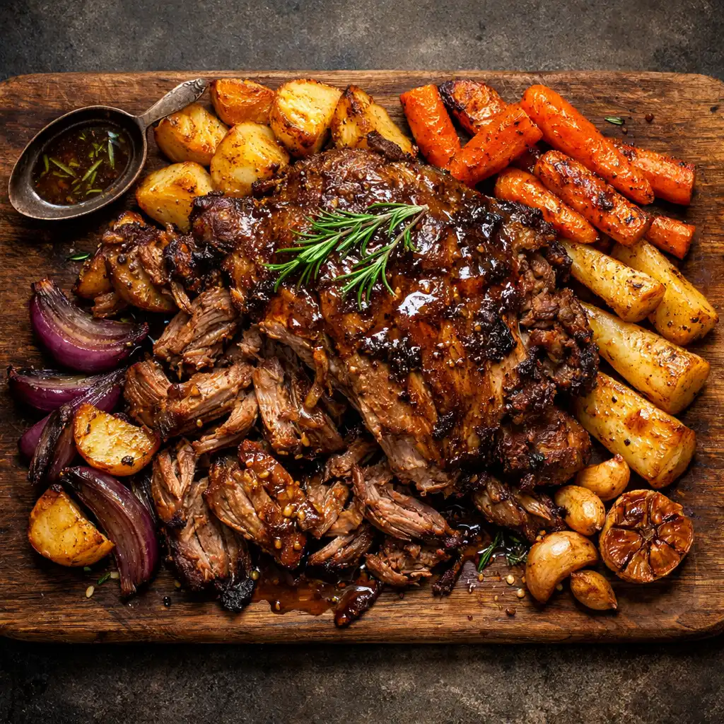 Slow-cooked lamb shoulder with rosemary jus and roasted root vegetables