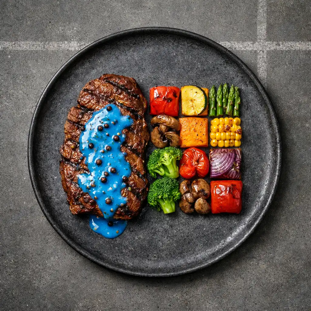 Top-down photograph of a signature dish on a dark concrete plate: a chargrilled steak with electric-blue pepper sauce and roasted vegetables arranged in a grid pattern