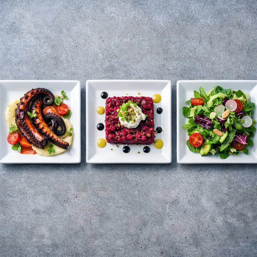 Top-down photograph of three starter dishes arranged in a row on a concrete-grey table