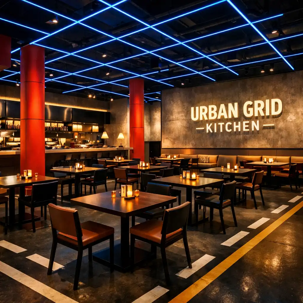 Wide architectural photograph of the Urban Grid Kitchen design with concrete grey walls, a grid of electric-blue lines on the ceiling, tomato-red accent columns, and warm cream lighting