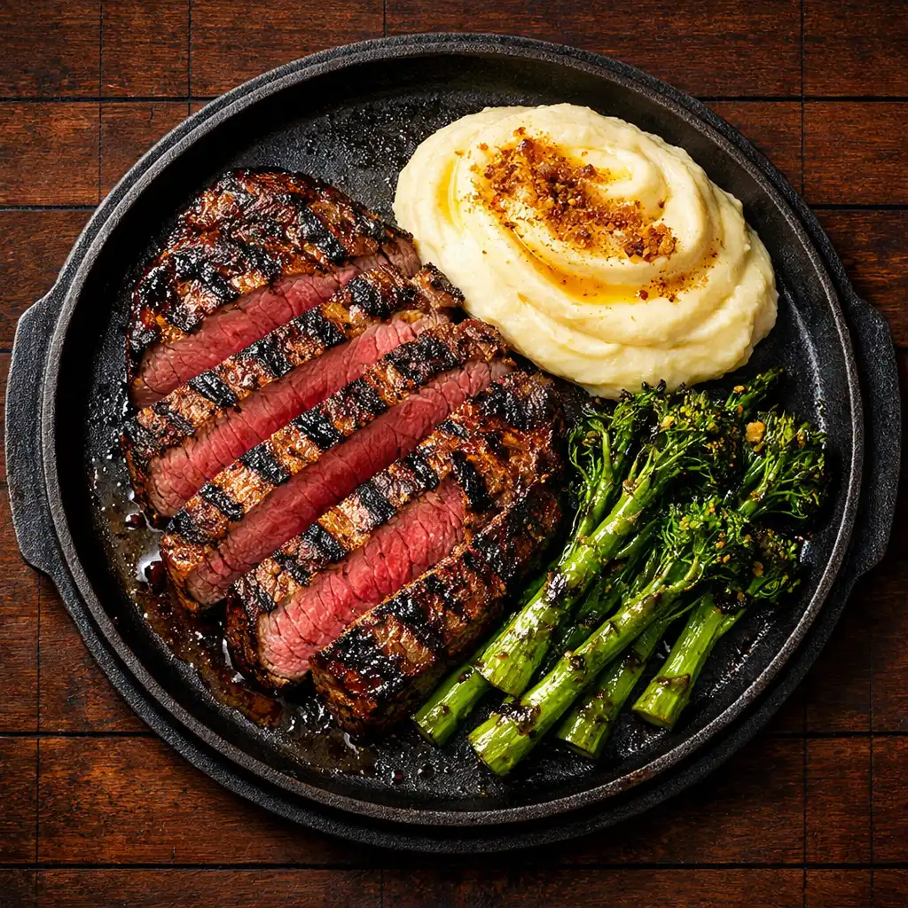 Top-down view of Urban Grid Steak with chargrilled beef, smoked potato purée, and charred greens